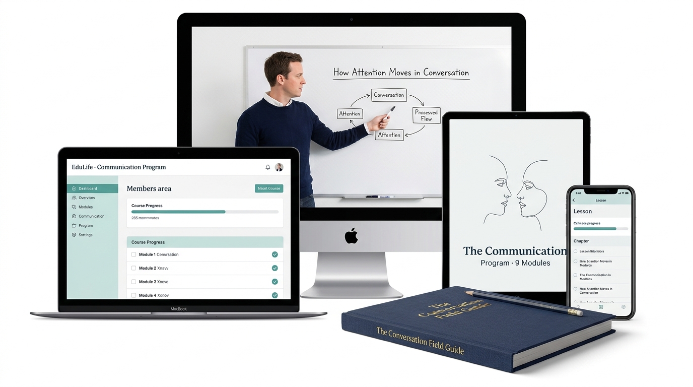 Elevate Fusion Pro Communication Program members area, video lessons, course cover, mobile lesson view, and Conversation Field Guide companion book
